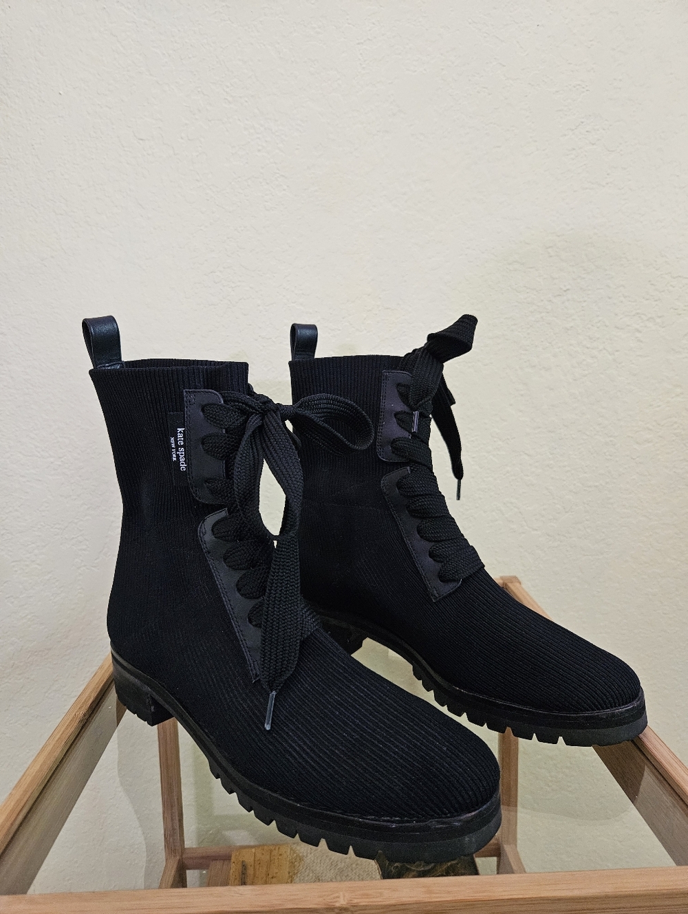 Kate Spade Merigue Stretchy Ribbed knit black combat boots. Sz 7.5